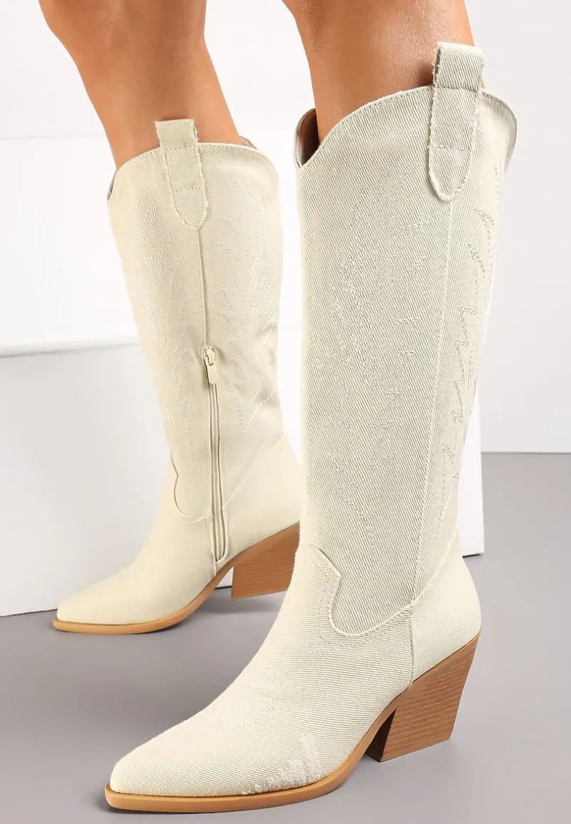 Beżowe Kozaki Kowbojki na Stożku ze Szpiczastym Noskiem Nonwova