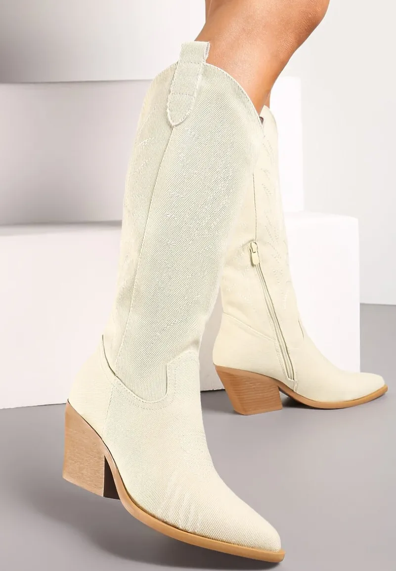 Beżowe Kozaki Kowbojki na Stożku ze Szpiczastym Noskiem Nonwova