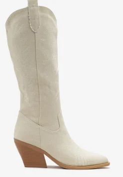 Beżowe Kozaki Kowbojki na Stożku ze Szpiczastym Noskiem Nonwova