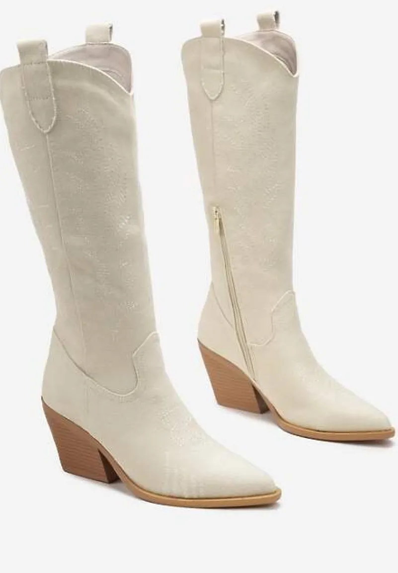 Beżowe Kozaki Kowbojki na Stożku ze Szpiczastym Noskiem Nonwova