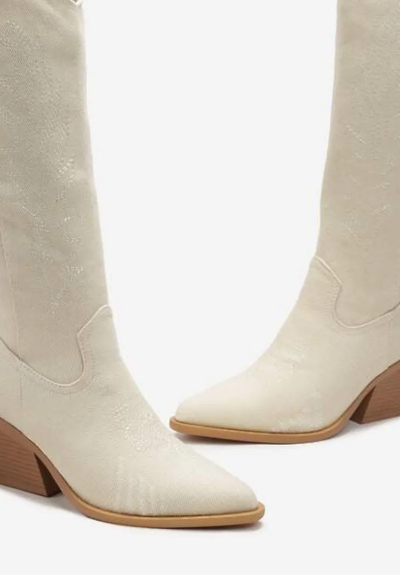 Beżowe Kozaki Kowbojki na Stożku ze Szpiczastym Noskiem Nonwova