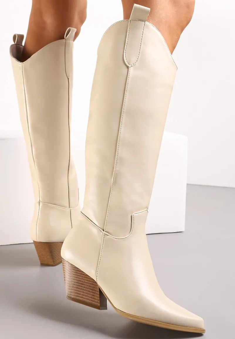 Beżowe Kozaki Kowbojki przed Kolano na Stożku Florra