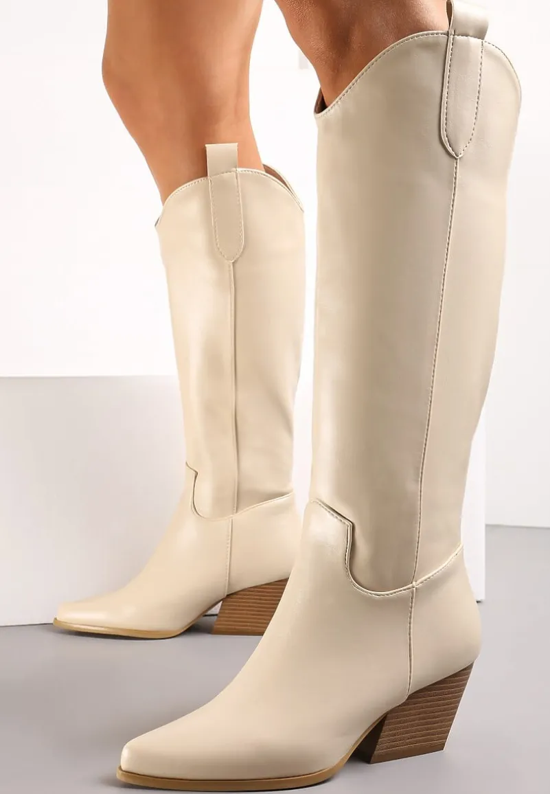 Beżowe Kozaki Kowbojki przed Kolano na Stożku Florra