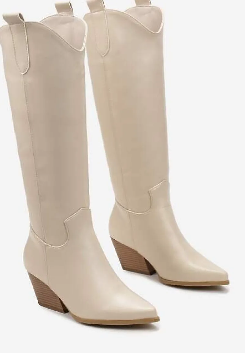 Beżowe Kozaki Kowbojki przed Kolano na Stożku Florra