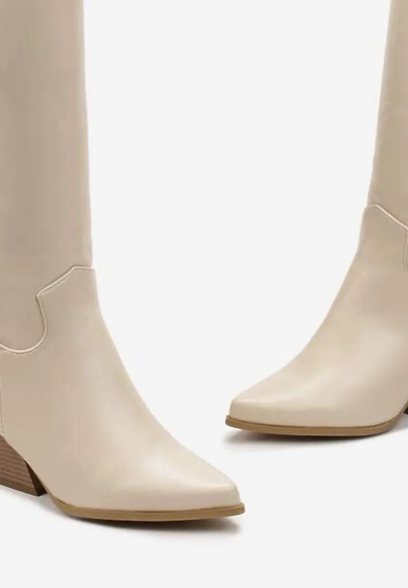 Beżowe Kozaki Kowbojki przed Kolano na Stożku Florra