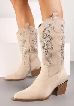 Beżowe Kozaki Kowbojki z Haftem na Cholewce i Metalowym Akcentem przy Obcasie Tialethe