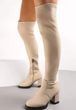 Beżowe Kozaki Muszkieterki na Słupku z Imitacji Skóry i Drobnymi Przeszyciami Deania