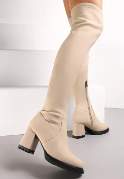 Beżowe Kozaki Muszkieterki na Słupku z Imitacji Skóry i Drobnymi Przeszyciami Deania
