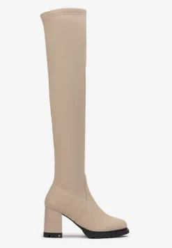 Beżowe Kozaki Muszkieterki na Słupku z Imitacji Skóry i Drobnymi Przeszyciami Deania