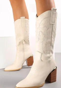 Beżowe Kozaki na Obcasie w Stylu Kowbojek z Przeszyciami Puneia