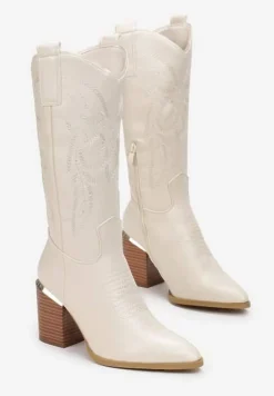 Beżowe Kozaki na Obcasie w Stylu Kowbojek z Przeszyciami Puneia