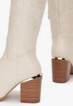 Beżowe Kozaki na Obcasie w Stylu Kowbojek z Przeszyciami Puneia