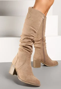 Beżowe Kozaki na Obcasie z Imitacji Zamszu Ozdobione Patkami Tulila