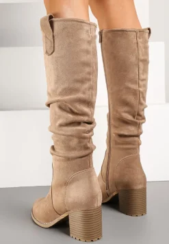 Beżowe Kozaki na Obcasie z Imitacji Zamszu Ozdobione Patkami Tulila