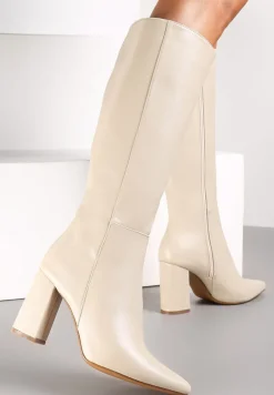 Beżowe Kozaki na Obcasie ze Szpiczastym Noskiem Geldona