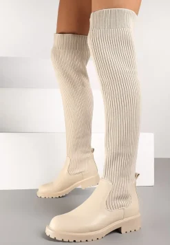 Beżowe Kozaki na Płaskiej Podeszwie z Elastyczną Cholewką Ellittia