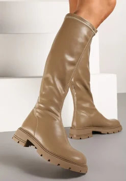 Beżowe Kozaki na Płaskiej Podeszwie z Elastyczną Cholewką i Suwakiem z Tyłu Valadi