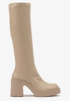 Beżowe Kozaki na Platformie i Słupku z Dopasowaną Cholewką Astila