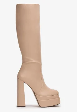 Beżowe Kozaki na Platformie i Słupku Solphin