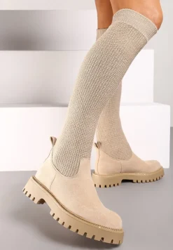 Beżowe Kozaki na Platformie ze Skarpetową Cholewką Ozdobione Cyrkoniami Lerivara