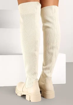 Beżowe Kozaki na Platformie ze Skarpetową Cholewką Ellandra