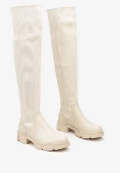 Beżowe Kozaki na Platformie ze Skarpetową Cholewką Ellandra