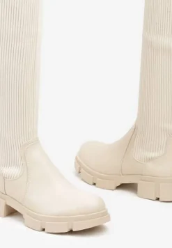 Beżowe Kozaki na Platformie ze Skarpetową Cholewką Ellandra