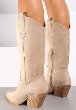 Beżowe Kozaki na Stożku w Stylu Kowbojek Naures