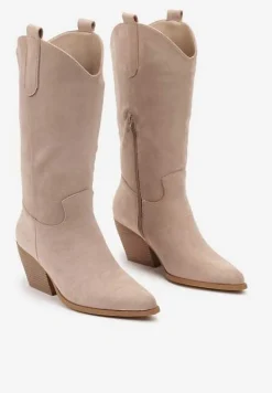 Beżowe Kozaki na Stożku w Stylu Kowbojek Naures