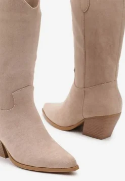 Beżowe Kozaki na Stożku w Stylu Kowbojek Naures