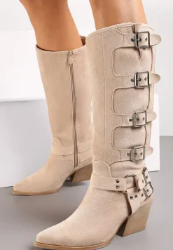 Beżowe Kozaki na Stożku z Klamrami i Szpiczastym Noskiem Evaine