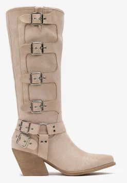 Beżowe Kozaki na Stożku z Klamrami i Szpiczastym Noskiem Evaine