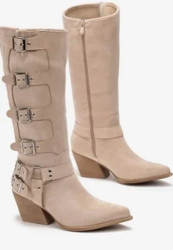 Beżowe Kozaki na Stożku z Klamrami i Szpiczastym Noskiem Evaine