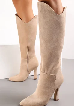 Beżowe Kozaki na Stożku ze Szpiczastym Noskiem Agnesita