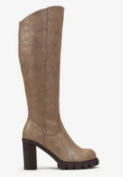 Beżowe Kozaki na Słupku i Niskiej Platformie z Protektorem Blonndra