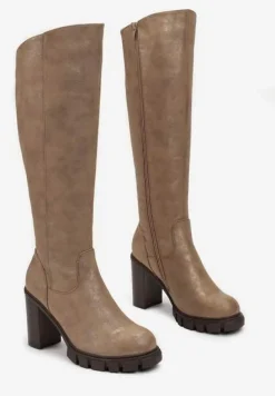 Beżowe Kozaki na Słupku i Niskiej Platformie z Protektorem Blonndra