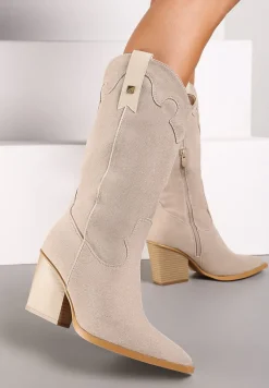 Beżowe Kozaki na Słupku w Stylu Kowbojek Ozdobione Paskiem i Przeszyciami Nerivissa