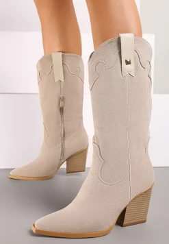 Beżowe Kozaki na Słupku w Stylu Kowbojek Ozdobione Paskiem i Przeszyciami Nerivissa