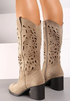 Beżowe Kozaki na Słupku ze Skórzaną Wkładką i Ażurowym Wzorem Arresia