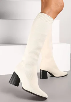 Beżowe Kozaki na Słupku ze Elastyczną Cholewką Ellitra