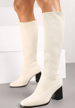 Beżowe Kozaki na Słupku ze Elastyczną Cholewką Ellitra