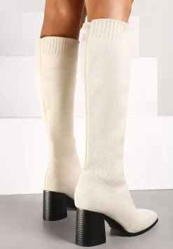 Beżowe Kozaki na Słupku ze Elastyczną Cholewką Ellitra