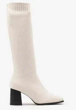 Beżowe Kozaki na Słupku ze Elastyczną Cholewką Ellitra