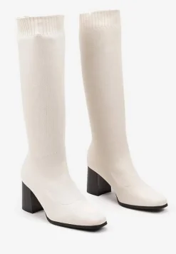 Beżowe Kozaki na Słupku ze Elastyczną Cholewką Ellitra