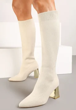 Beżowe Kozaki na Słupku ze Skarpetową Cholewką Tinnathia