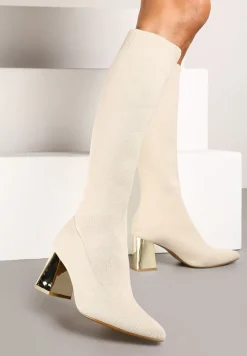 Beżowe Kozaki na Słupku ze Skarpetową Cholewką Tinnathia