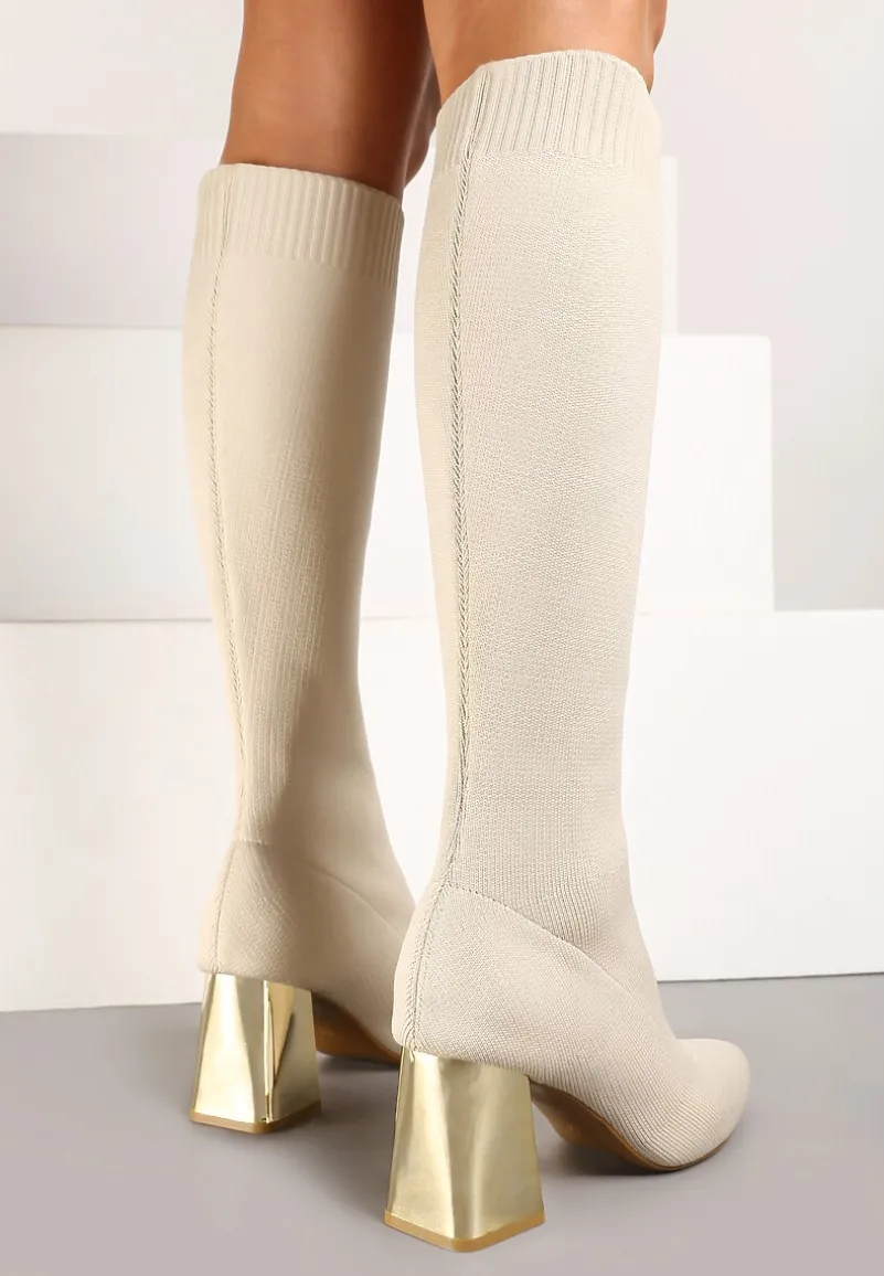 Beżowe Kozaki na Słupku ze Skarpetową Cholewką Tinnathia