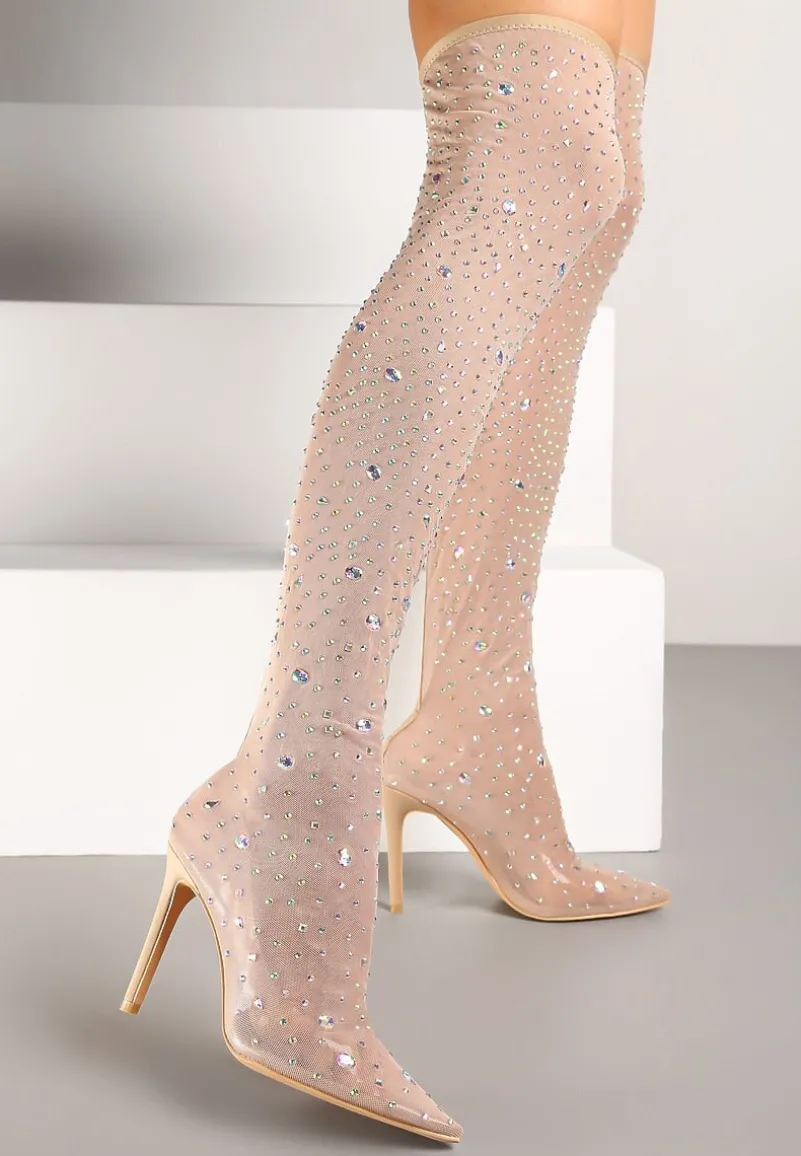 Beżowe Kozaki na Szpilce za Kolano z Przezroczystą Cholewką Ozdobione Cyrkoniami Felilorn