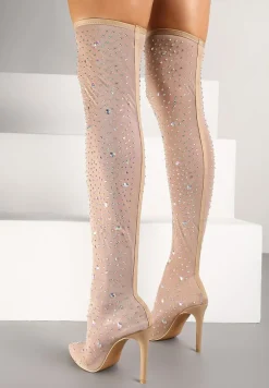 Beżowe Kozaki na Szpilce za Kolano z Przezroczystą Cholewką Ozdobione Cyrkoniami Felilorn