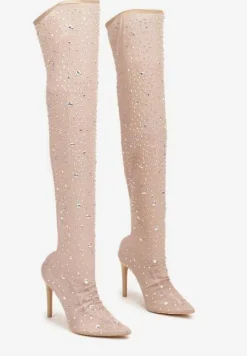 Beżowe Kozaki na Szpilce za Kolano z Przezroczystą Cholewką Ozdobione Cyrkoniami Felilorn